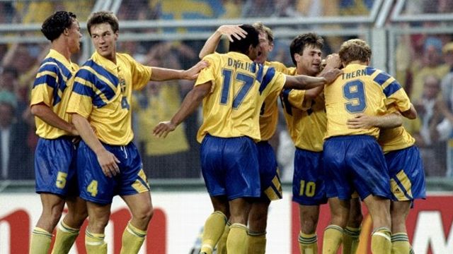 Sweden celebrate Tomas Brolin's winning goal against Denmark at Euro 1992